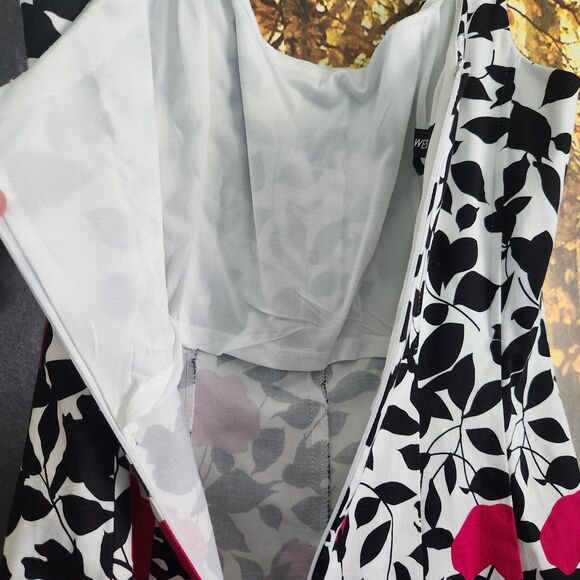 Nine West White Dress w/ Pink & Black Floral Fit and Flare w/ Boning Size 6 Zip - Picture 10 of 16